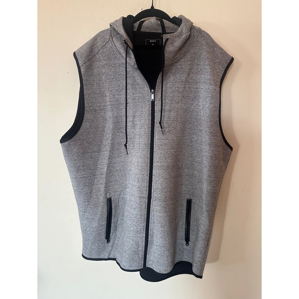 DKNY Mens Sleeveless Full Zip Hoodie Vest Gray Heather XXL Athletic Gym Workout